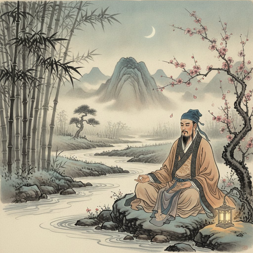 A sage contemplating by a river, surrounded by seasonal flora, symbolizing adapting to life's cycles.