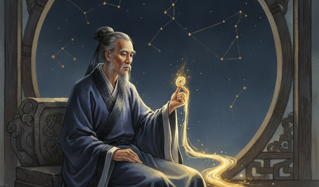 Thiền sư ngồi chiêm nghiệm đồng tiền vàng và tinh tú, tượng trưng mối liên hệ tâm thức và tài lộc.
