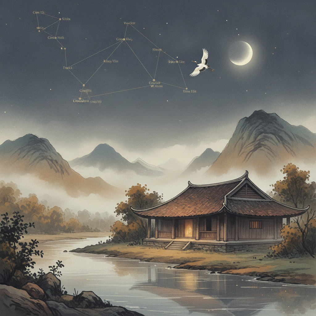 Ngôi nhà truyền thống thanh bình phản chiếu nội tâm dưới ánh sao Tử Vi.