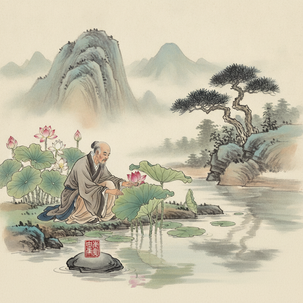 Một ẩn sĩ chăm sóc sen, núi sương, thông tượng trưng cải mệnh.