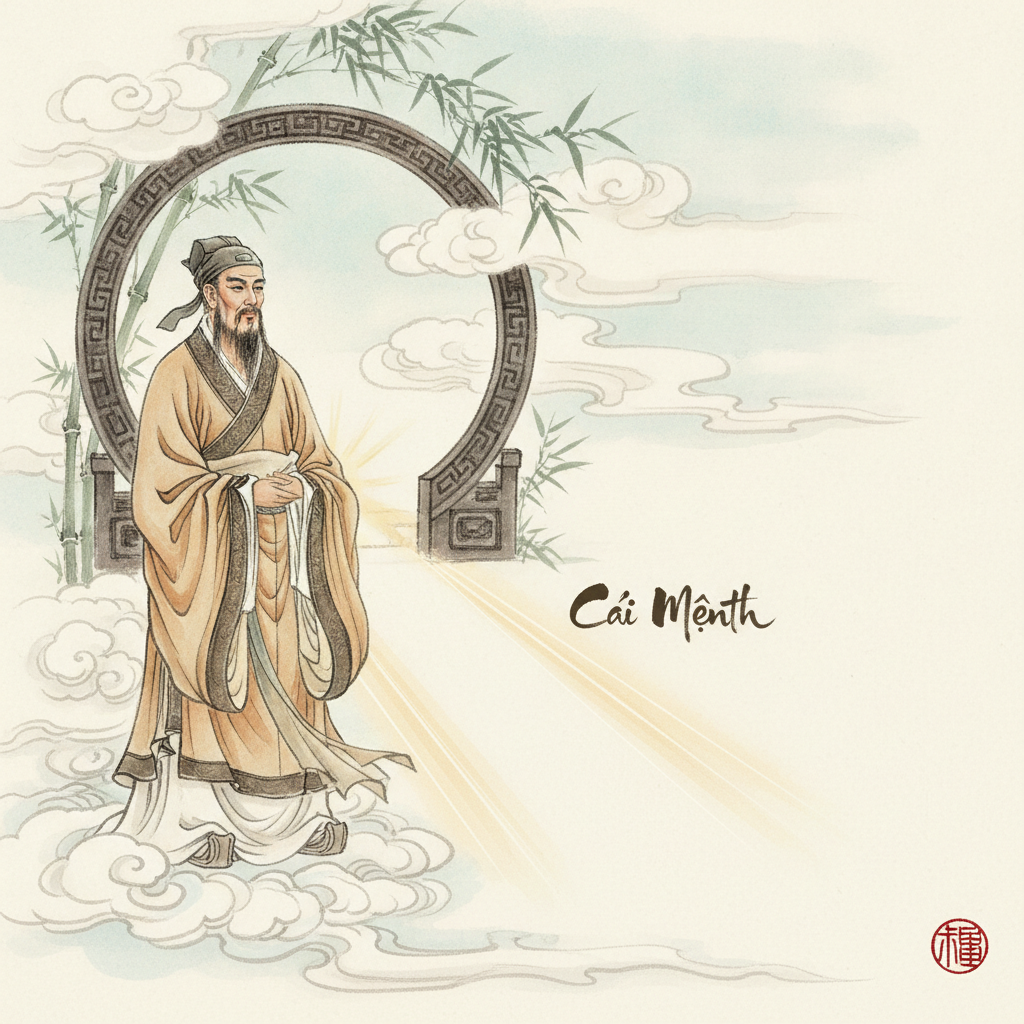 Một học giả đứng trước cổng nguyệt môn, tượng trưng con đường cải mệnh.