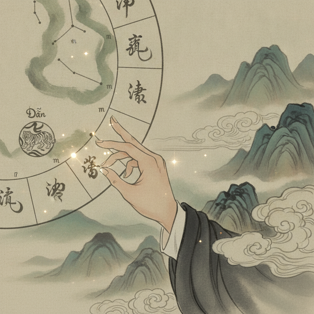 Bàn tay học giả minh họa cách an sao Tử Vi qua phép đếm thuận.
