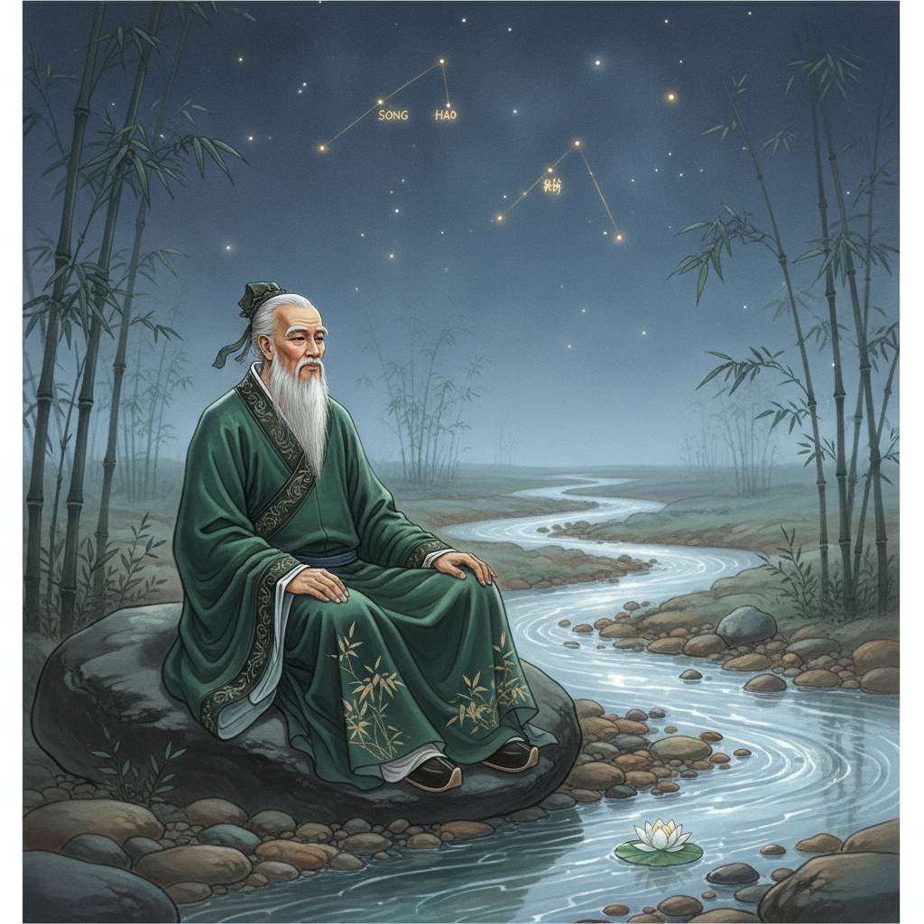 Đạo sĩ áo xanh thiền bên dòng sông thanh tịnh, bầu trời đêm sao sáng.