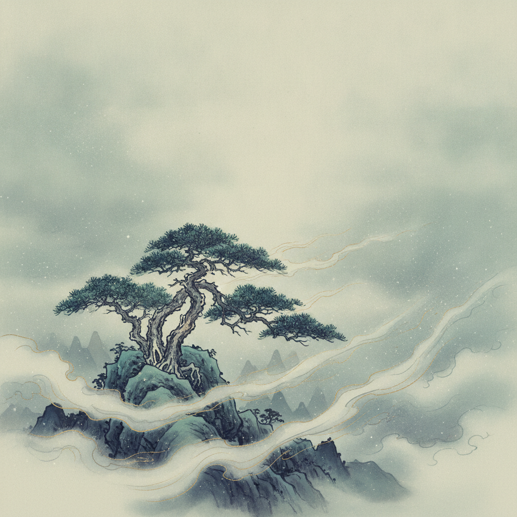Cây tùng cổ thụ trên núi mờ sương, năng lượng tự hóa ly tâm lan tỏa.
