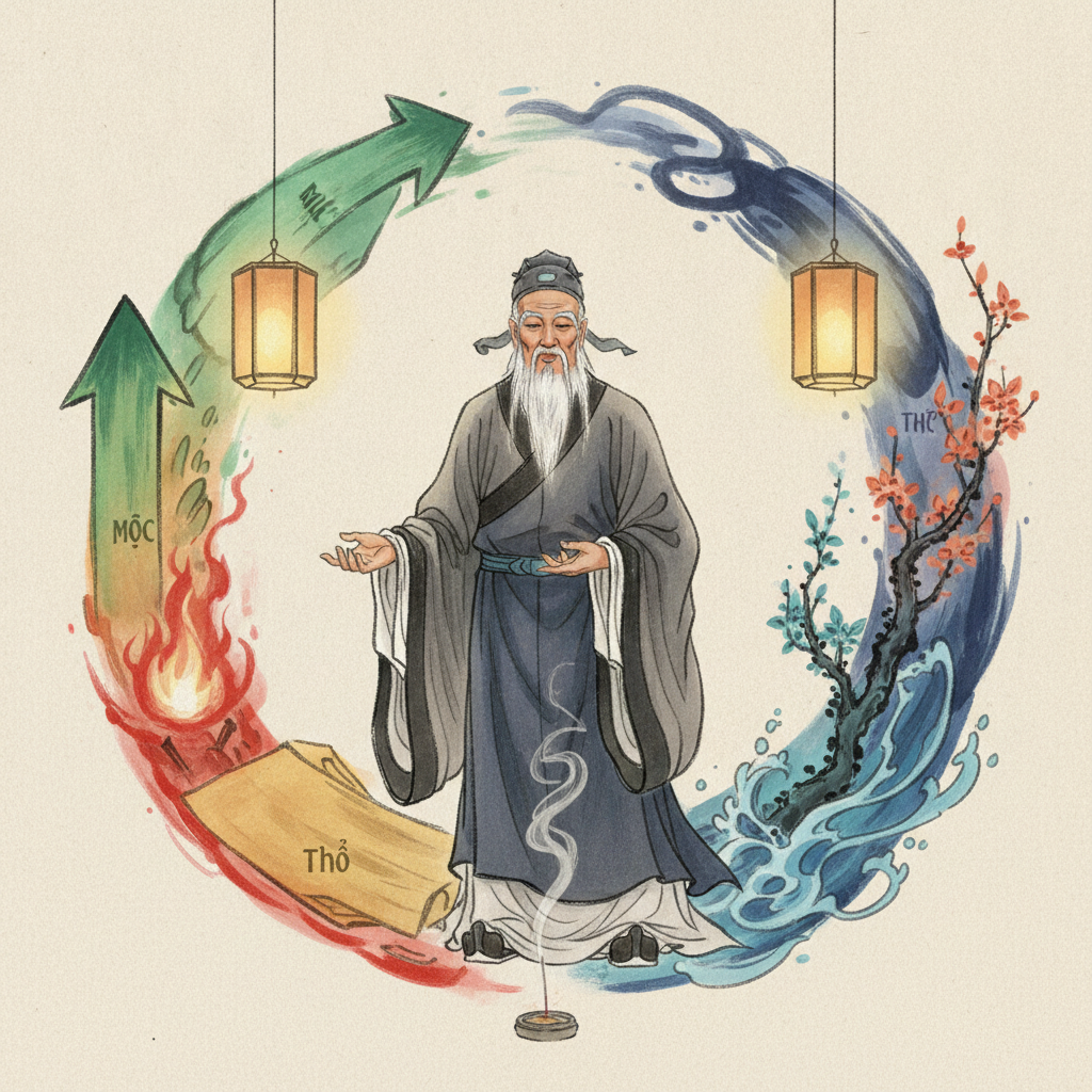 A sage guides elemental energies through a harmonious cycle, resolving conflict through the 'Dẫn Thông Tương Sinh' method.