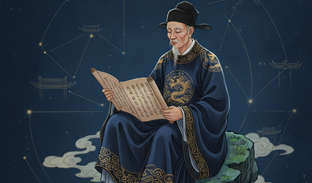 Thi sĩ cổ đại bên cuộn sách, sao giáp cung lân cận trên bản đồ sao.