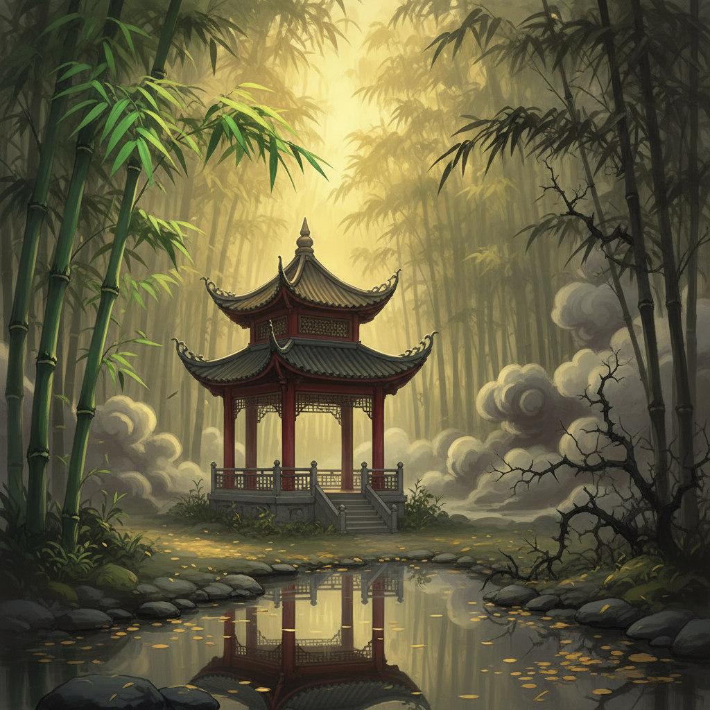 Gian nhà yên bình giữa rừng trúc xanh, một bên có mây đen.