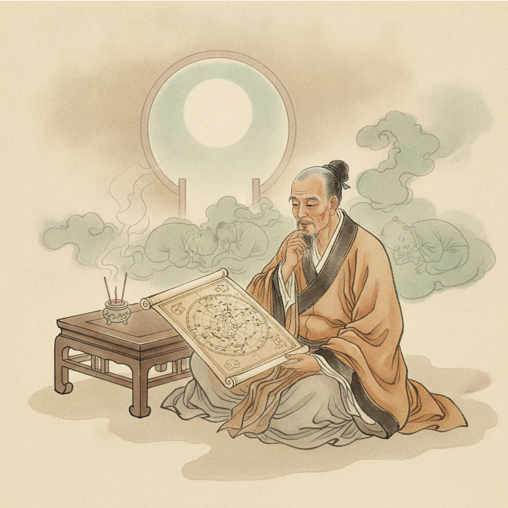 A scholarly sage examining a star chart by moonlight, with subtle hints of traditional methods of birth time determination.