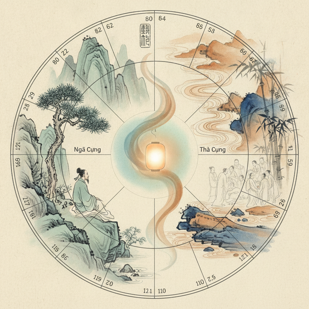 A classical Vietnamese-Chinese ink wash painting illustrating the duality of 'self' (Ngã Cung) and 'others' (Tha Cung) within a Tu Vi chart, showing a scholar in contemplation contrasted with distant figures, bridged by subtle energetic flow and lantern glow.