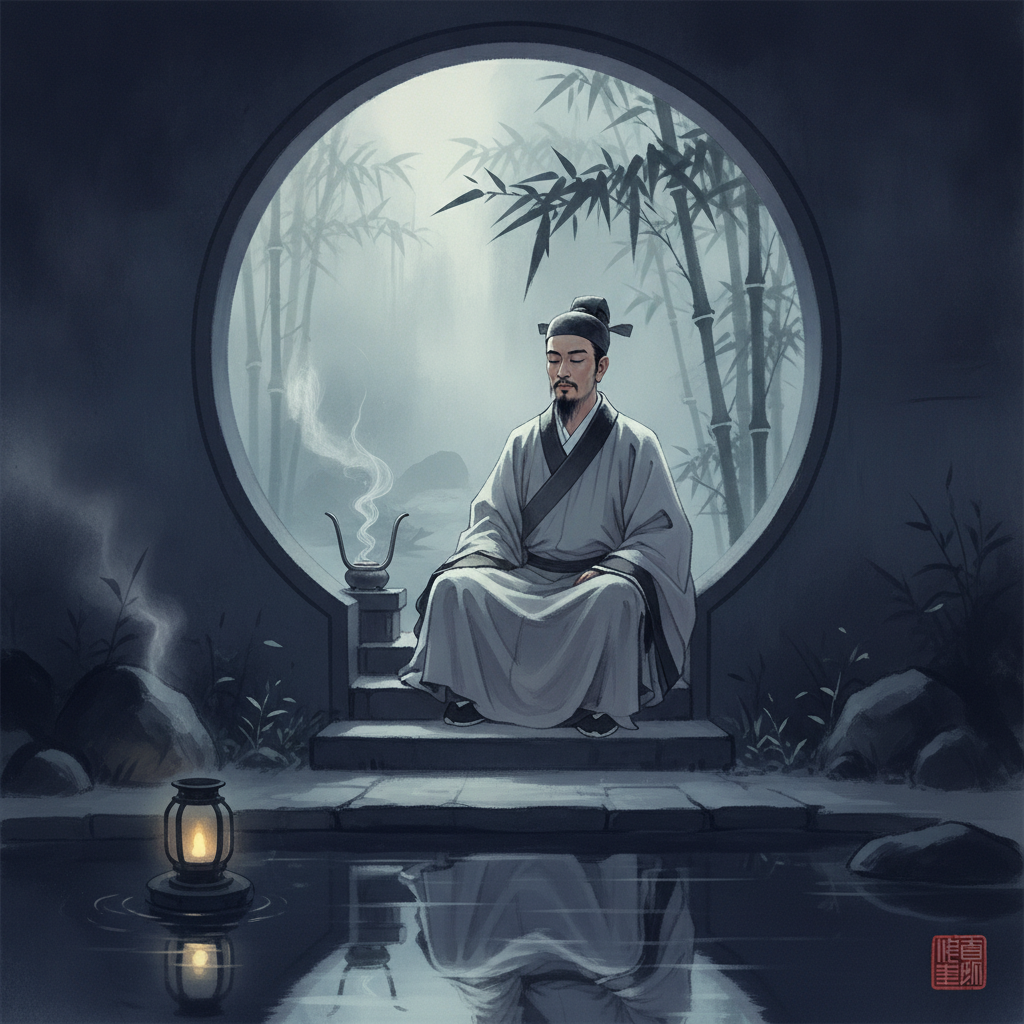 A classical ink wash painting depicting a scholar meditating within a moon gate, with bamboo and incense smoke, reflecting inner peace and wisdom.