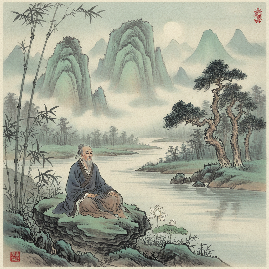 Thiền giả bên sông núi, sống thuận theo dòng chảy vũ trụ.
