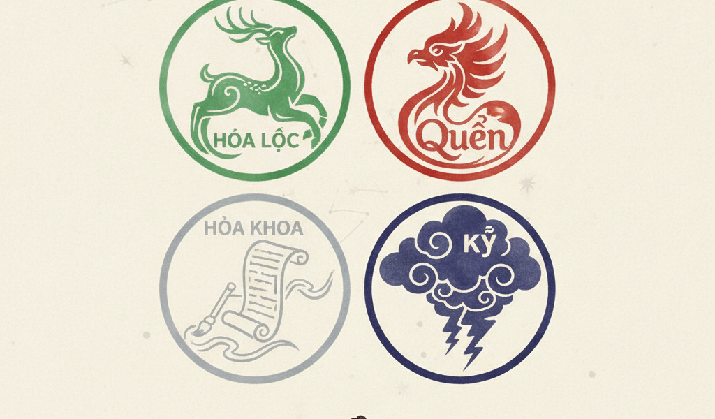 Bốn tinh tú Hóa Lộc, Hóa Quyền, Hóa Khoa, Hóa Kỵ theo cách hiểu truyền thống.