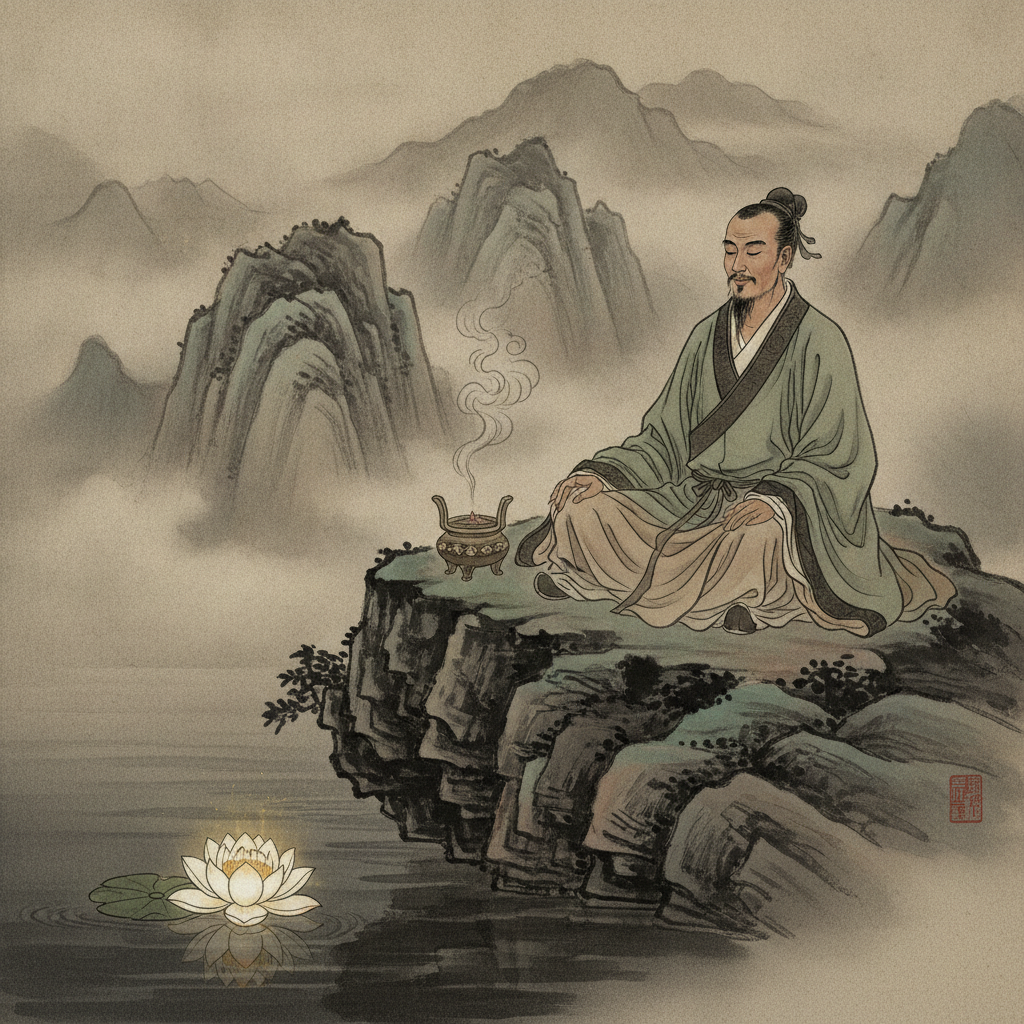 Hiền nhân tĩnh lặng thiền định giữa không gian thiền vị, đạt tuệ giác.