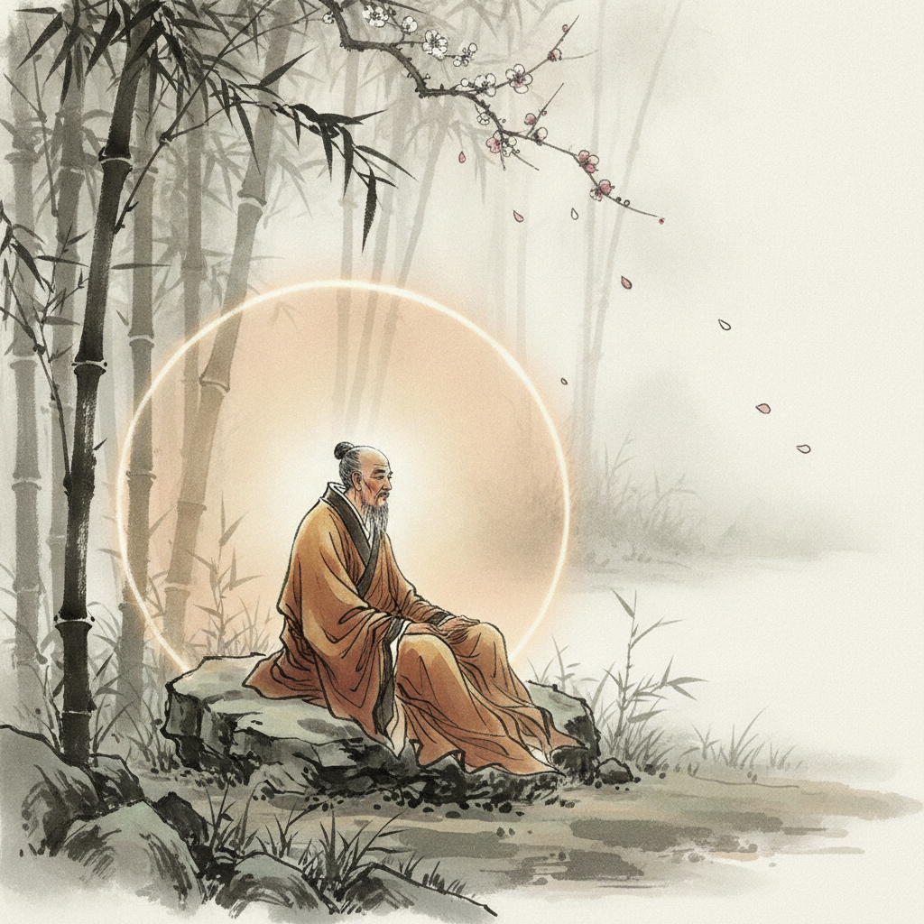 Người tu sĩ tĩnh tâm, ánh sáng vàng bao quanh tượng trưng ranh giới