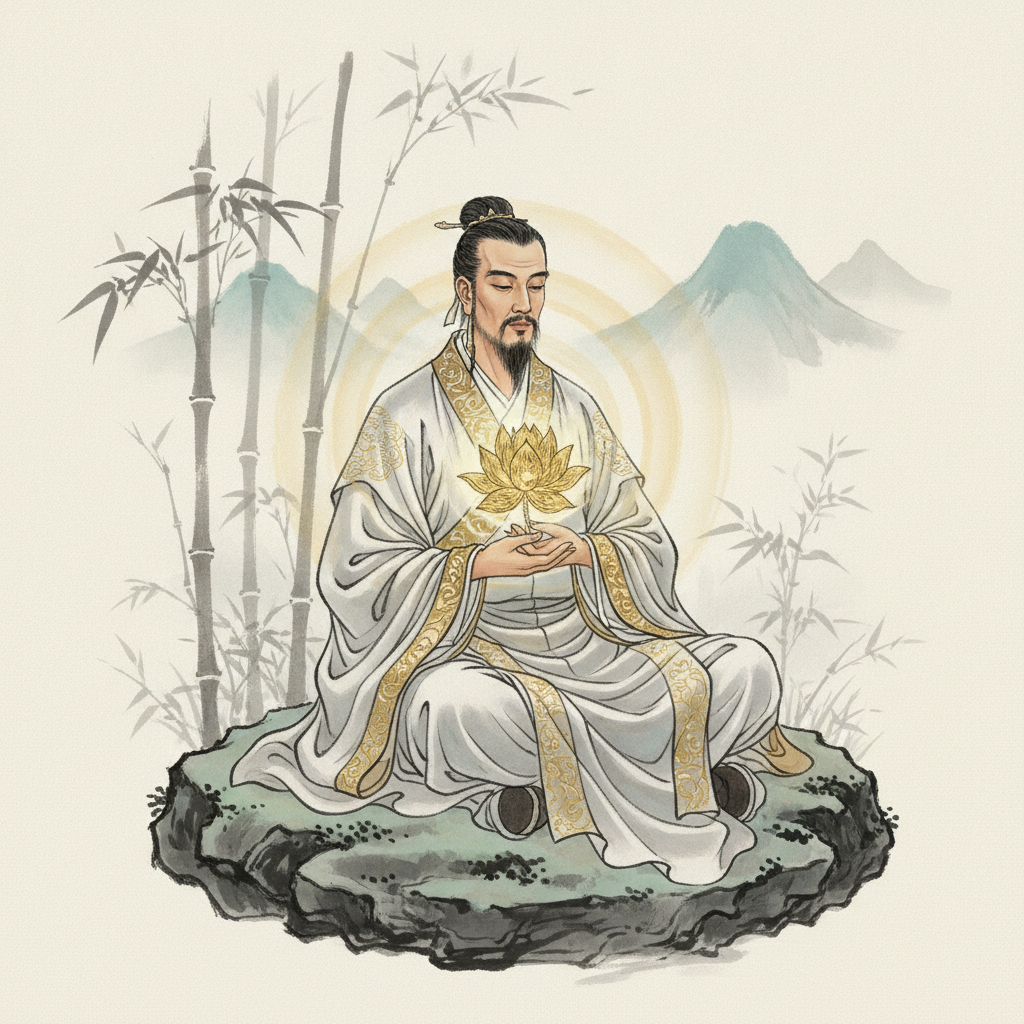 Vị ẩn sĩ ôm sen vàng tỏa sáng, giữa cảnh núi non mờ sương.