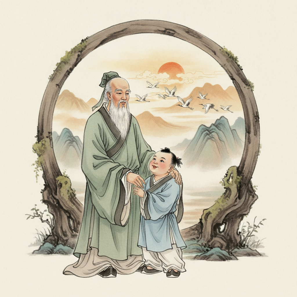 Người thầy dắt tay đứa trẻ qua cổng nguyệt, biểu tượng hòa giải nội tâm