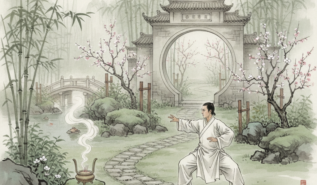 Dáng người tĩnh tâm luyện võ giữa vườn cây thanh bình.