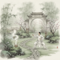 Dáng người tĩnh tâm luyện võ giữa vườn cây thanh bình.