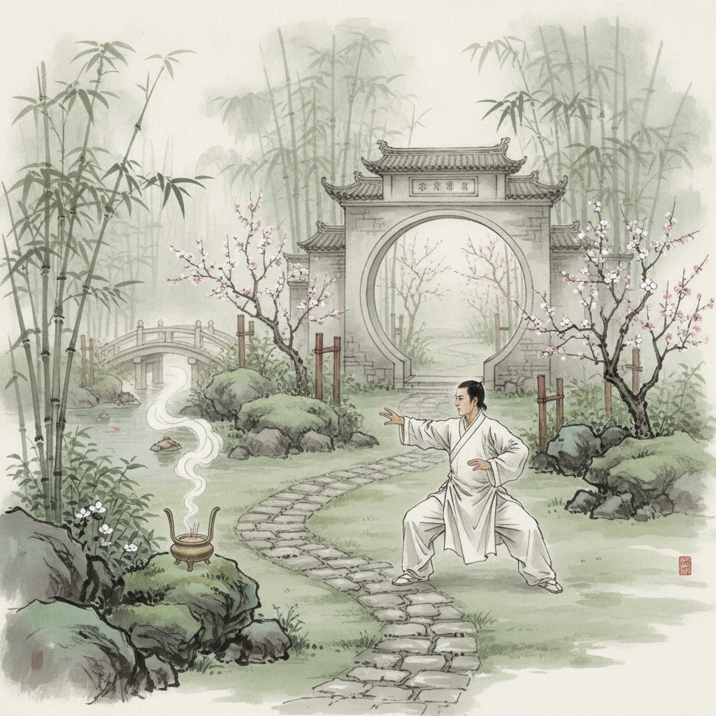 Dáng người tĩnh tâm luyện võ giữa vườn cây thanh bình.